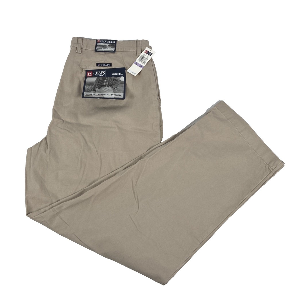 Y2K Mens Chaps Mitchell Relaxed Fit Flat Front Khaki Chino Pants Size 38x32 NWT